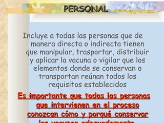 PERSONAL Incluye a todas las personas que de manera directa o indirecta tienen que manipular, trasportar, distribuir y aplicar la vacuna o vigilar que los elementos donde se conservan o transportan reúnan todos los requisitos establecidos Es importante que todas las personas que intervienen en el proceso conozcan cómo y porqué conservar las vacunas adecuadamente   