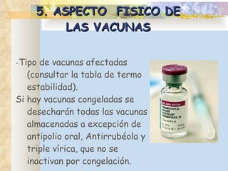 5. ASPECTO  FISICO DE LAS VACUNAS - Tipo de vacunas afectadas  ( consultar la tabla de termo estabilidad). Si hay vacunas congeladas se desecharán todas las vacunas almacenadas a excepción de antipolio oral, Antirrubéola y triple vírica, que no se inactivan por congelación. 