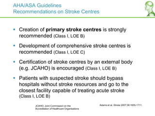 AHA/ASA Guidelines
Recommendations on Stroke Centres
 Creation of primary stroke centres is strongly
recommended (Class I, LOE B)
 Development of comprehensive stroke centres is
recommended (Class I, LOE C)
 Certification of stroke centres by an external body
(e.g. JCAHO) is encouraged (Class I, LOE B)
 Patients with suspected stroke should bypass
hospitals without stroke resources and go to the
closest facility capable of treating acute stroke
(Class I, LOE B)
Adams et al. Stroke 2007;38:1655-1711.
JCAHO, Joint Commission on the
Accreditation of Healthcare Organisations
 