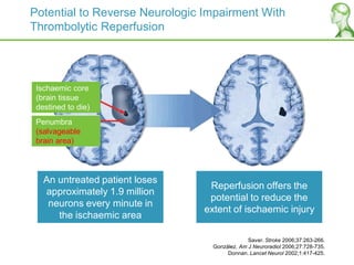 Potential to Reverse Neurologic Impairment With
Thrombolytic Reperfusion
Saver. Stroke 2006;37:263-266.
González. Am J Neuroradiol 2006;27:728-735.
Donnan. Lancet Neurol 2002;1:417-425.
An untreated patient loses
approximately 1.9 million
neurons every minute in
the ischaemic area
Reperfusion offers the
potential to reduce the
extent of ischaemic injury
Ischaemic core
(brain tissue
destined to die)
Penumbra
(salvageable
brain area)
 