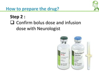 Step 2 :
 Confirm bolus dose and infusion
dose with Neurologist
How to prepare the drug?
 