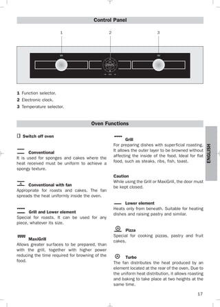 1 2 3
17
ENGLISH
Control Panel
1 Function selector.
2 Electronic clock.
3 Temperature selector.
Switch off oven
Conventional
It is used for sponges and cakes where the
heat received must be uniform to achieve a
spongy texture.
Conventional with fan
Appropriate for roasts and cakes. The fan
spreads the heat uniformly inside the oven.
Grill and Lower element
Special for roasts. It can be used for any
piece, whatever its size.
MaxiGrill
Allows greater surfaces to be prepared, than
with the grill, together with higher power
reducing the time required for browning of the
food.
Grill
For preparing dishes with superficial roasting.
It allows the outer layer to be browned without
affecting the inside of the food. Ideal for flat
food, such as steaks, ribs, fish, toast.
Caution
While using the Grill or MaxiGrill, the door must
be kept closed.
Lower element
Heats only from beneath. Suitable for heating
dishes and raising pastry and similar.
Pizza
Special for cooking pizzas, pastry and fruit
cakes.
Turbo
The fan distributes the heat produced by an
element located at the rear of the oven. Due to
the uniform heat distribution, it allows roasting
and baking to take place at two heights at the
same time.
Oven Functions
3172534-001 EPIFA.QXD:- 19/4/12 16:47 Página 17
 
