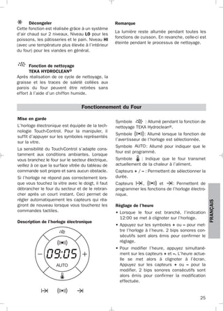 25
FRANÇAIS
Décongeler
Cette fonction est réalisée grâce à un système
d'air chaud sur 2 niveaux. Niveau LO pour les
poissons, les pâtisseries et le pain. Niveau HI
(avec une température plus élevée à l’intérieur
du four) pour les viandes en général.
Fonction de nettoyage
TEKA HYDROCLEAN®
Après réalisation de ce cycle de nettoyage, la
graisse et les traces de saleté collées aux
parois du four peuvent être retirées sans
effort à l’aide d’un chiffon humide.
Remarque
La lumière reste allumée pendant toutes les
fonctions de cuisson. En revanche, celle-ci est
éteinte pendant le processus de nettoyage.
Mise en garde
L’horloge électronique est équipée de la tech-
nologie Touch-Control. Pour la manipuler, il
suffit d’appuyer sur les symboles représentés
sur la vitre.
La sensibilité du Touch-Control s’adapte cons-
tamment aux conditions ambiantes. Lorsque
vous branchez le four sur le secteur électrique,
veillez à ce que la surface vitrée du tableau de
commande soit propre et sans aucun obstacle.
Si l’horloge ne répond pas correctement lors-
que vous touchez la vitre avec le doigt, il faut
débrancher le four du secteur et de le rebran-
cher après un court instant. Ceci permet de
régler automatiquement les capteurs qui réa-
giront de nouveau lorsque vous toucherez les
commandes tactiles.
Description de l’horloge électronique
Symbole : Allumé pendant la fonction de
nettoyage TEKA Hydroclean®.
Symbole : Allumé lorsque la fonction de
l’avertisseur de l’horloge est sélectionnée.
Symbole : Allumé pour indiquer que le
four est programmé.
Symbole : Indique que le four transmet
actuellement de la chaleur à l’aliment.
Capteurs + / – : Permettent de sélectionner la
durée.
Capteurs , et : Permettent de
programmer les fonctions de l’horloge électro-
nique.
Réglage de l’heure
• Lorsque le four est branché, l’indication
12:00 se met à clignoter sur l’horloge.
• Appuyez sur les symboles + ou – pour met-
tre l’horloge à l’heure. 2 bips sonores con-
sécutifs sont alors émis pour confirmer le
réglage.
• Pour modifier l’heure, appuyez simultané-
ment sur les capteurs + et –. L’heure actue-
lle se met alors à clignoter à l’écran.
Appuyez sur les capteurs + ou – pour la
modifier. 2 bips sonores consécutifs sont
alors émis pour confirmer la modification
effectuée.
Fonctionnement du Four
3172534-001 EPIFA.QXD:- 19/4/12 16:47 Página 25
 