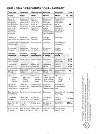 Clase de
eficiencia
energética,
en una escala
que abarca
de A (más
eficiente)
a G (menos
eficiente).
Función de
calentamiento.
Calentamiento
convencional.
Convección
forzada.
Consumo
de energía.
Calentamiento
convencional.
Convección
forzada.
Volumen neto
(litros).
Tipo:
Pequeño
Medio
Grande
Tiempo de
cocción con
carga normal.
Calentamiento
convencional.
Convección
forzada.
Superficie de
cocción.
Ruido (dB (A)
re 1 pW).
Classe de efi-
ciência ener-
gética, numa
escala de A
(eficiente) a G
(ineficiente).
Função de
aquecimento.
Convencional.
Convecção
forçada de ar.
Consumo
de energia.
Convencional.
Convecção
forçada de ar.
Volume útil
(litros).
Tipo:
Pequeno
Médio
Grande
Tempo de
cozedura da
carga-padrão.
Convencional.
Convecção
forçada de ar.
Zona de
cozedura.
Nível de ruído
dB(A) re 1 pW.
Energy
efficiency
class on a
scale of A
(more efficient)
to G (less
efficient).
Heating
function.
Conventional.
Forced air
convection.
Energy
consumption.
Conventional.
Forced air
convection.
Usable volume
(litres).
Size:
Small
Medium
Large
Time to cook
standard load.
Conventional.
Forced air
convection.
Baking area.
Noise (dB (A)
re 1 pW).
Classement
selon son
efficacité
énergétique
sur une
échelle
allant de A
(économe) à G
(peu économe).
Fonction
chauffage.
Classique.
Convection
forcée.
Consommation
d´énergie.
Classique.
Convection
forcée.
Volume utile
(litres).
Type:
Faible volume
Volume moyen
Grand volume
Temps de
cuisson en
charge normale.
Classique.
Convection
forcée.
Surface de
cuisson.
Bruit (dB (A) re
1 pW).
Energieeffizienz-
klasse auf
einer Skala
von A
(niedriger
Verbrauch)
bis G (hoher
Verbrauch).
Beheizung.
Konventionelle
Beheizung.
Umluft /
Heißluft.
Energiever-
brauch.
Konventionelle
Beheizung.
Umluft /
Heißluft.
Nettovolumen
(Liter).
Typ:
Klein
Mittel
Groß
Kochzeit bei
Standardbela-
dung.
Konventionelle
Beheizung.
Umluft /
Heißluft.
Backfläche
Geräusch (dB
(A) re 1 pW).
A
0,76
Kwh
0,70
Kwh
40
42 min
44 min
1250 cm2
FICHA / FICHA / SPECIFICATIONS / FICHE / DATENBLATT
Fabricante Fabricante Manufacturer Fabricant Hersteller TEKA
Modelo Modelo Model Modèle Modell HKL-840
Nuestraaportaciónalaproteccióndelmedio-ambiente:utilizamospapelreciclado.
Anossacontribuiçãoparaaprotecçãodoambiente:utilizamospapelreciclado.
Ourcontributiontoenviromentalprotection:weuserecycledpaper.
Notrecontributionàlaprotectiondel’environnement:nousutilisonsdupapierrecyclé.
UnserBeitragzumUmweltschutz:WirverwendenumweltfreundlichesPapier.
Cod.:83172534/3172534-001
3172534-001 EPIFA.QXD:- 19/4/12 16:47 Página 40
 