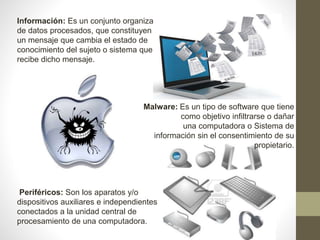Información: Es un conjunto organizado
de datos procesados, que constituyen
un mensaje que cambia el estado de
conocimiento del sujeto o sistema que
recibe dicho mensaje.
Malware: Es un tipo de software que tiene
como objetivo infiltrarse o dañar
una computadora o Sistema de
información sin el consentimiento de su
propietario.
Periféricos: Son los aparatos y/o
dispositivos auxiliares e independientes
conectados a la unidad central de
procesamiento de una computadora.
 