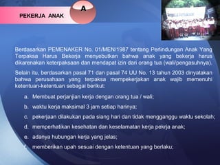 Berdasarkan PEMENAKER No. 01/MEN/1987 tentang Perlindungan Anak Yang
Terpaksa Harus Bekerja menyebutkan bahwa anak yang bekerja harus
dikarenakan keterpaksaan dan mendapat izin dari orang tua (wali/pengasuhnya).
Selain itu, berdasarkan pasal 71 dan pasal 74 UU No. 13 tahun 2003 dinyatakan
bahwa perusahaan yang terpaksa mempekerjakan anak wajib memenuhi
ketentuan-ketentuan sebagai berikut:
AA
PEKERJA ANAK
a. Membuat perjanjian kerja dengan orang tua / wali;
b. waktu kerja maksimal 3 jam setiap harinya;
c. pekerjaan dilakukan pada siang hari dan tidak mengganggu waktu sekolah;
d. memperhatikan kesehatan dan keselamatan kerja pekrja anak;
e. adanya hubungan kerja yang jelas;
f. memberikan upah sesuai dengan ketentuan yang berlaku;
 
