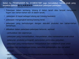 Selain itu, PEMENAKER No. 01/MEN/1987 juga menyatakan bahwa anak yang
terpaksa bekerja D I L A R A N G melakukan pekerjaan-pekerjaan:
• Pekerjaan dalam tambang, lobang di dalam tanah atau tempat mengambil
logam dan bahan-bahan lain di dalam tanah;
• pekerjaan di kapal sebagai tukang api (tukang baubara);
• pekerjaan mengangkat barang-barang berat;
• pekerjaan yang berhubungan dengan alat-alat produksi dan bahan-bahan
berbahaya;
• dilibatkan dalam pekerjaan-pekerjaan terburuk, semisal:
- perbudakan dan sejenisnya;
- pekerjaan yang memanfaatkan, menyediakan, atau menawarkan anak untuk
pelacuran, produksi pornografi, pertunjukan porno atau perjudian;
- pekerjaan yang memanfaatkan menyediakan dan melibatkan anak untuk
produksi dan perdagangan miras, narkotika, psikotropika, dan zat adiktif
lainnya;
- semua pekerjaan yang membahayakan kesehatan, keselamatan atau moral
anak;
 