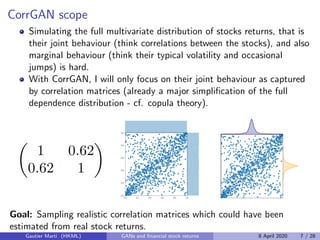 CorrGAN scope
Simulating the full multivariate distribution of stocks returns, that is
their joint behaviour (think correl...