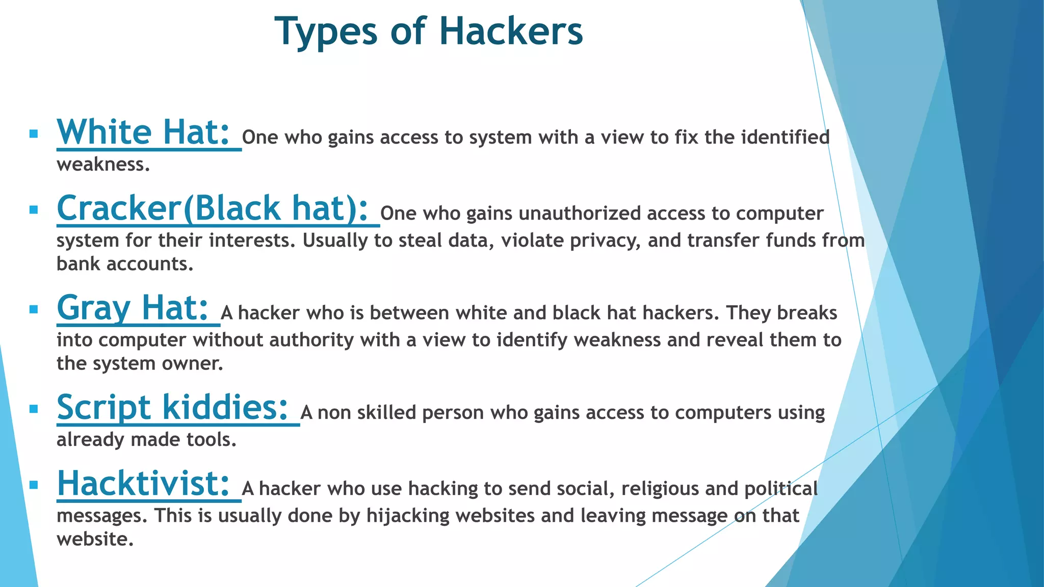 Types of Hackers
 White Hat: One who gains access to system with a view to fix the identified
weakness.
 Cracker(Black hat): One who gains unauthorized access to computer
system for their interests. Usually to steal data, violate privacy, and transfer funds from
bank accounts.
 Gray Hat: A hacker who is between white and black hat hackers. They breaks
into computer without authority with a view to identify weakness and reveal them to
the system owner.
 Script kiddies: A non skilled person who gains access to computers using
already made tools.
 Hacktivist: A hacker who use hacking to send social, religious and political
messages. This is usually done by hijacking websites and leaving message on that
website.
 