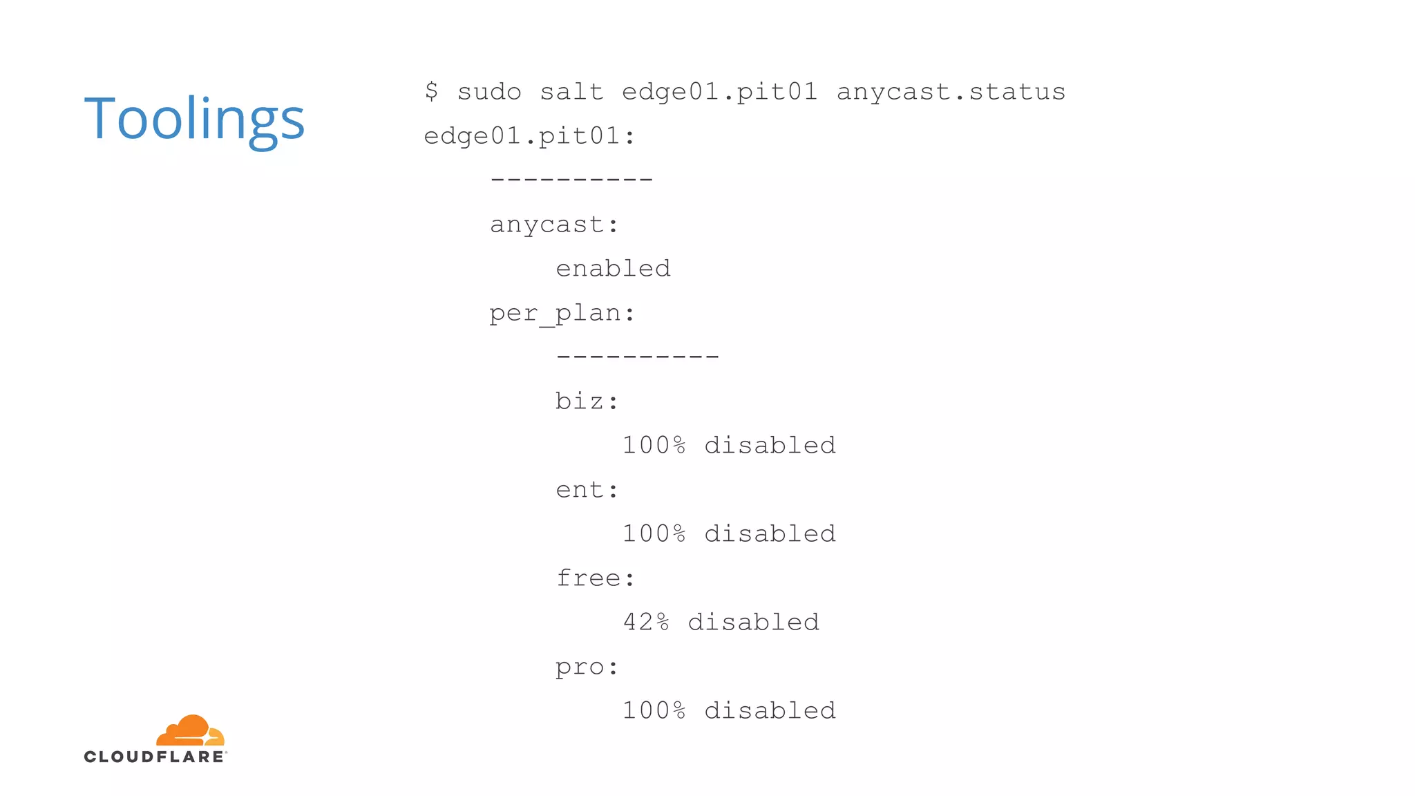 Toolings
$ sudo salt edge01.pit01 anycast.status
edge01.pit01:
----------
anycast:
enabled
per_plan:
----------
biz:
100% disabled
ent:
100% disabled
free:
42% disabled
pro:
100% disabled
 