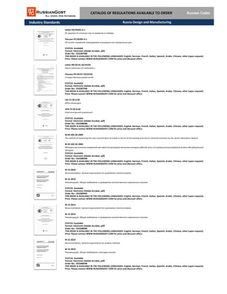 Industry Standards
M 15-2019
Recommendation. General requirements for analysis methods
М 15-2019
Рекомендация. Общие требования к методам анализа
STATUS: Available
Format: Electronic (Adobe Acrobat, pdf)
THIS BOOK IS AVAILABLE IN THE FOLLOWING LANGUAGES: English, German, French, Italian, Spanish, Arabic, Chinese, other (upon request).
Price: Please contact WWW.RUSSIANGOST.COM for price and discount offers.
Order No.: OS3288590
M 15-2010
Recommendation. General requirements for quantitative chemical analysis
М 15-2010
Рекомендация. Общие требования к проведению количественного химического анализа
STATUS: Available
Format: Electronic (Adobe Acrobat, pdf)
Order No.: OS3289445
THIS BOOK IS AVAILABLE IN THE FOLLOWING LANGUAGES: English, German, French, Italian, Spanish, Arabic, Chinese, other (upon request).
Price: Please contact WWW.RUSSIANGOST.COM for price and discount offers.
M 15-2014
Recommendation. General requirements for quantitative chemical analysis
М 15-2014
Рекомендация. Общие требования к проведению количественного химического анализа
STATUS: Available
Format: Electronic (Adobe Acrobat, pdf)
Order No.: OS3288589
THIS BOOK IS AVAILABLE IN THE FOLLOWING LANGUAGES: English, German, French, Italian, Spanish, Arabic, Chinese, other (upon request).
Price: Please contact WWW.RUSSIANGOST.COM for price and discount offers.
LGI-TU 02-6-69
Office silicate glue
ЛГИ-ТУ 02-6-69
Клей конторский силикатный
STATUS: Available
Format: Electronic (Adobe Acrobat, pdf)
Order No.: OS3288588
THIS BOOK IS AVAILABLE IN THE FOLLOWING LANGUAGES: English, German, French, Italian, Spanish, Arabic, Chinese, other (upon request).
Price: Please contact WWW.RUSSIANGOST.COM for price and discount offers.
M 02-505-92-2002
The method of measuring the mass concentration of metals in the air of the working area and in industrial emissions by the atomic absorption method
М 02-505-92-2002
Методика выполнения измерений массовой концентрации металлов в воздухе рабочей зоны и в промышленных выбросах атомно-абсорбционным
методом
STATUS: Available
Format: Electronic (Adobe Acrobat, pdf)
Order No.: OS3286930
THIS BOOK IS AVAILABLE IN THE FOLLOWING LANGUAGES: English, German, French, Italian, Spanish, Arabic, Chinese, other (upon request).
Price: Please contact WWW.RUSSIANGOST.COM for price and discount offers.
CATALOG OF REGULATIONS AVAILABLE TO ORDER Russian Codes
Letter RN-03-01-32/22101
About submission of clarifications
Письмо РН-03-01-32/22101
О представлении разъяснений
STATUS: Available
Format: Electronic (Adobe Acrobat, pdf)
Order No.: OS3287590
THIS BOOK IS AVAILABLE IN THE FOLLOWING LANGUAGES: English, German, French, Italian, Spanish, Arabic, Chinese, other (upon request).
Price: Please contact WWW.RUSSIANGOST.COM for price and discount offers.
Letter PG/26391-6-1
On payment of a business trip on weekends or holidays
Письмо ПГ/26391-6-1
Об оплате служебной командировки в выходные или праздничные дни
STATUS: Available
Format: Electronic (Adobe Acrobat, pdf)
Order No.: OS3287589
THIS BOOK IS AVAILABLE IN THE FOLLOWING LANGUAGES: English, German, French, Italian, Spanish, Arabic, Chinese, other (upon request).
Price: Please contact WWW.RUSSIANGOST.COM for price and discount offers.
Russia Design and Manufacturing
 