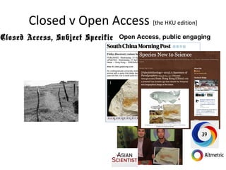 Closed v Open Access [the HKU edition]
Closed Access, Subject Specific Open Access, public engaging
 