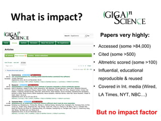What is impact?
• Accessed (some >84,000)
• Cited (some >500)
• Altmetric scored (some >100)
• Influential, educational
re...
