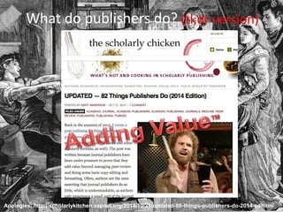 What do publishers do?
Apologies: http://scholarlykitchen.sspnet.org/2014/10/21/updated-80-things-publishers-do-2014-editi...