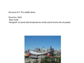 Structure # 3- The saddle dome

Structure- Shell
-Man made
-Designed to stand cold temperatures inside and to Carrie lots of people
 