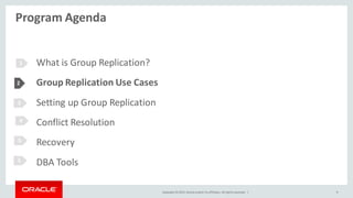 Copyright © 2015, Oracle and/or its affiliates. All rights reserved. |
Program Agenda
9
What is Group Replication?
Group Replication Use Cases
Setting up Group Replication
Conflict Resolution
Recovery
DBA Tools
2
3
4
5
1
5
 