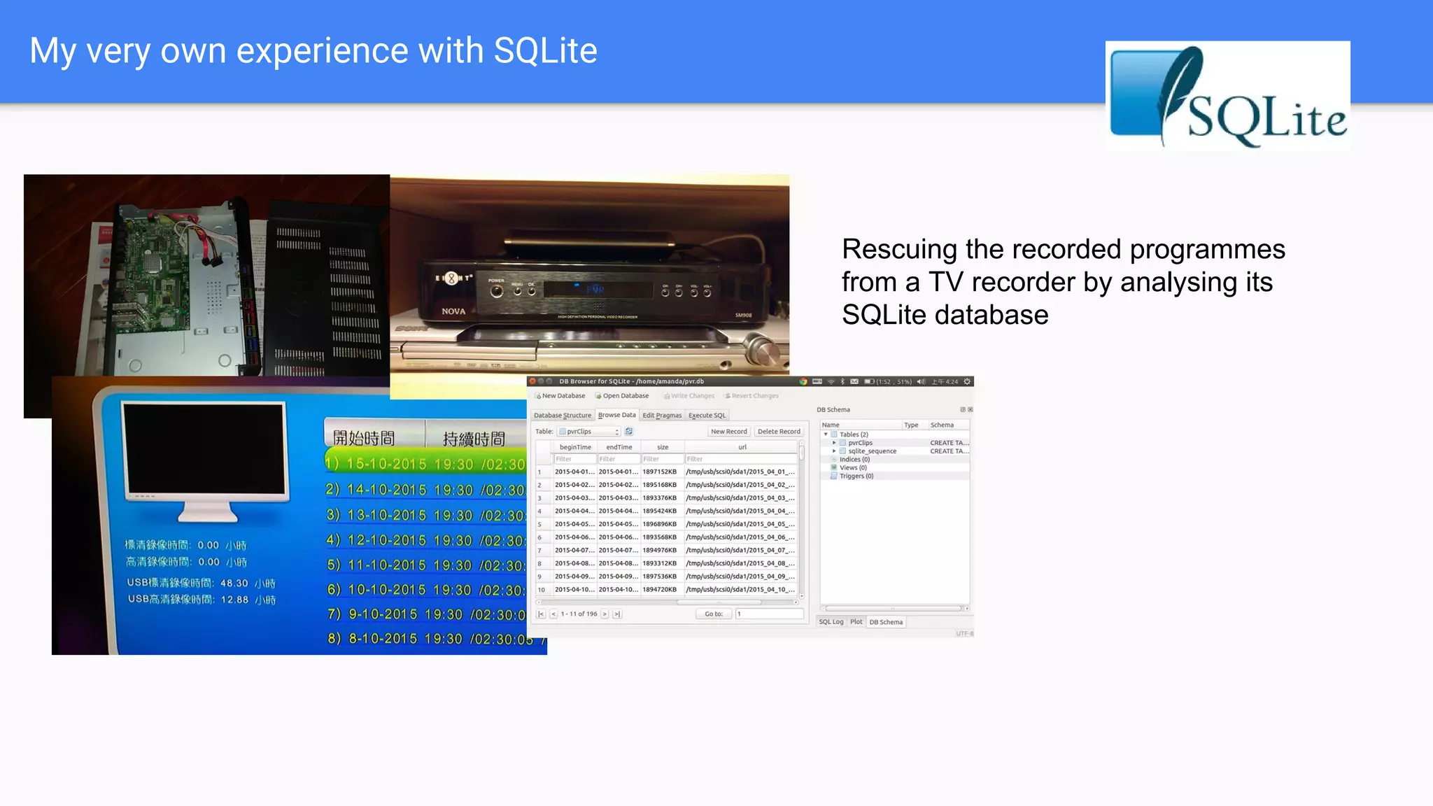 My very own experience with SQLite
Rescuing the recorded programmes
from a TV recorder by analysing its
SQLite database
 