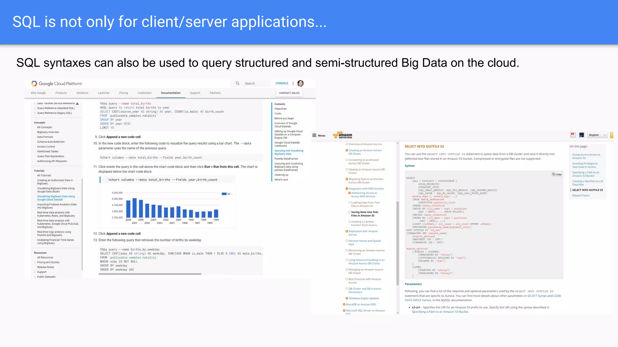 SQL is not only for client/server applications...
SQL syntaxes can also be used to query structured and semi-structured Big Data on the cloud.
 