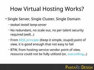 How Virtual Hosting Works?
●
Single Server, Single Cluster, Single Domain
– tasksel install lamp-server
– No redundant, no scale out, no per talent security
required (well…)
– From KISS principle (Keep it simple, stupid) point of
view, it is good enough that not easy to fail
– BTW, from hosting service vendor point of view,
resource could not be fully utilized (or, overselling...)
 
