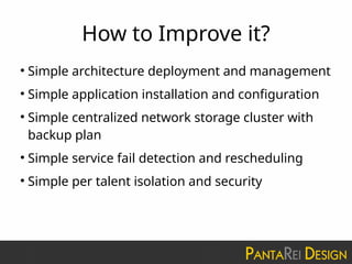 How to Improve it?
●
Simple architecture deployment and management
●
Simple application installation and configuration
●
Simple centralized network storage cluster with
backup plan
●
Simple service fail detection and rescheduling
●
Simple per talent isolation and security
 