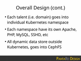 Overall Design (cont.)
●
Each talent (i.e. domain) goes into
individual Kubernetes namespace
●
Each namespace have its own Apache,
PHP, MySQL, SSHD, etc
●
All dynamic data store outside
Kubernetes, goes into CephFS
 