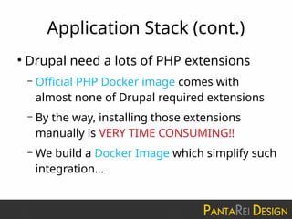 Application Stack (cont.)
●
Drupal need a lots of PHP extensions
– Official PHP Docker image comes with
almost none of Drupal required extensions
– By the way, installing those extensions
manually is VERY TIME CONSUMING!!
– We build a Docker Image which simplify such
integration...
 