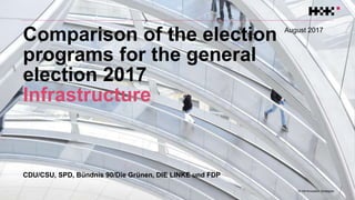  © Hill+Knowlton Strategies
Comparison of the election
programs for the general
election 2017
Infrastructure
August 2017
CDU/CSU, SPD, Bündnis 90/Die Grünen, DIE LINKE und FDP
 
