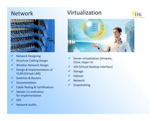 Network                           Virtualization




 Network Designing
                                    Server virtualization (Vmware,
 Structure Cabling Design
                                    Citrix, Hyper-V)
 Wireless Network Design
                                    VDI (Virtual Desktop Interface)
 Design & Implementation of
                                    Storage
 VLAN (Virtual LAN)
                                    Failover
 Switches & Routers
                                    Network
 Documentation
                                    Snapshotting
 Cable Testing & Certifications
 Vendor Co ordination
 for Implementation
 OFC
 Network Audits
 
