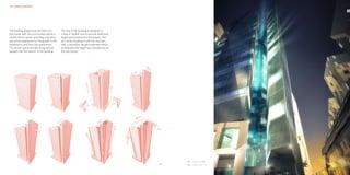 HKR : HOTELS & RESORTS                                                                                                 HKR : HOTELS & RESORTS

                                                                                                                                                02




The building design took the form of a        The top of the building is designed to
split tower with the core located within a    create a ‘skyline’ and to provide additional
central atrium space, providing a dynamic     height and presence for the project. The
and active experience for the guests in the   skin of the building is split into sections,
transition to and from the apartments.        with a secondary façade treatment which
The atrium space will also bring natural      accentuates the height and slenderness of
daylight into the interior of the building.   the two blocks.




                                                                                                  01 Design studies
                                                                                             01   02 Night-time view
 