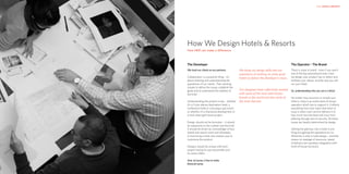 HKR : HOTELS & RESORTS                                                                                                                      HKR : HOTELS & RESORTS




                         How We Design Hotels & Resorts
                         How HKR can make a difference



                         The Developer                                                                             The Operator - The Brand
                         We treat our clients as our partners.         We bring our design skills and our          There is value in brand – even if you aren’t
                                                                       experience of working on some great         one of the big international ones. How
                         Collaboration is a powerful thing - it’s      hotels to deliver the developer’s vision.   we design your product has to reflect and
                         about listening and understanding the                                                     embody your values, and the way you will
                         aspirations of our clients. Then working                                                  run your hotel.
                         closely to define the issues, establish the
                         goals and to understand the realities of   Our designers have collectively worked So, understanding who you are is critical.
                         the brief.                                 with some of the most well-known
                                                                    brands in the world and also some of   No matter how luxurious or simple your
                         Understanding the product is key - whether the most discreet.                     hotel is, there is an entire back-of-house
                         it’s a 5-star deluxe destination hotel, a                                                 operation which has to support it. It affects
                         conference hotel or a boutique spa resort;                                                everything from how warm that bowl of
                         or whether it’s a fractional development or                                               soup is when room service delivers it to
                         a time-share golf resort project.                                                         how much loss the hotel will incur from
                                                                                                                   pilfering through lack of security. All these
                         Design should not be formulaic – it should                                                issues are heavily determined by design.
                         be responsive to the context and the brief,
                         it should be driven by a knowledge of how                                                 Getting the glamour into a hotel is one
                         hotels and resorts work and ultimately,                                                   thing but getting the operations to run
                         it must bring a fresh and creative way to                                                 efficiently is vital in hotel design - and that
                         customise the product.                                                                    means no wastage of resources, speed
                                                                                                                   of delivery and seamless integration with
                         Designs should be unique with each                                                        front-of-house functions.
                         project having its own personality and
                         its raison d’être.

                         And, of course, it has to make
                         financial sense.
 