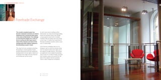 HKR : INTERIOR ARCHITECTURE – WORKPLACE                                                                                   HKR : INTERIOR ARCHITECTURE

                                                                                                                                                        02




                  01   Freetrade Exchange


                       This recently completed project has               As with many historic buildings within
                       become a landmark conversion of a historic        Manchester city centre, the existing building,
                       warehouse into a commercial office space          known as Harvester House, was virtually
                       in the centre of Manchester. The challenge        a no-go area for anyone who is mobility
                       in converting this building into a state-of-      impaired. HKR was tasked with overcoming
                       the-art commercial office space was to            a rise of over 1.3 meters from street level to
                       retain all the character and charm of the         the base of building circulation within a zone
                       existing build whilst making it relevant to       only 2.2 metres deep.
                       the demanding occupier’s needs.
                                                                         One of the key strategies taken by our
                       This meant not only completely reworking          designers was to move the entrance away
                       the building to improve grades of space           from its original location and make use of
                       and the infrastructure but also creating the      the original carriage entrance. This simple
                       building brand in its own right in order for it   yet significant move enabled the building
                       to appeal to the image-conscious financial        and its users to circulate through a purpose
                       and professional services sector.                 built reception space and ascend the half
                                                                         level to the original vertical circulation
                                                                         route in style, irrespective of disability.




                                                                         01	 Entrance lobby
                                                                         02	 Meeting area
 