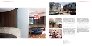 HKR : INTERIOR ARCHITECTURE – HOSPITALITY                                                                  HKR : INTERIOR ARCHITECTURE – HOSPITALITY




                                                 02




                                                 03   The focal point in the lobby is the 2.5m        Extensive landscaping works have been
                                                      high hand-trufted rug on the wall. This         undertaken. The bar and restaurant open
                                                      is offset against crimson red aximinister       out onto a sunken garden which includes
                                                      carpet and contrasting light beige marble       fountains and outdoor seating. The garden
                                                      tiles. The meeting rooms are semi-open,         is enclosed by mature trees and a rubble
                                                      built with full height glazed partitions.       stone wall which was rebuilt from the
                                                                                                      stone of the original garden wall.
                                                      The bedroom corridors are bright and
                                                      welcoming, and the guestrooms are               In the interior of Kingswood Hotel, HKR’s
                                                      uncluttered with a sense of freshness.          careful use of materials and confident
                                                                                                      detailing provides a high quality environment
                                                      Feature retro black and white wall coverings    which belies its budget status. A seamless
                                                 04
                                                      add to the drama and richness of each           interface between the existing historic
                                                      room in the old house whereas in the new        listed element of the building and the new
                                                      extension, the colour palette is subtle and     bedrooms is achieved by creative attention
                                                      elegant. The ground floor bar is screened       to detail.
                                                      off by a series of feature full height copper
                                                      metal meshes which gives an informal and
                                                      yet intimate setting for people gathering.


                                            01



                                                      01	 Bar seating detail
                                                      02	 Exterior courtyard
                                                      03	 Reception and waiting area
                                                      04	 Dinning room
 