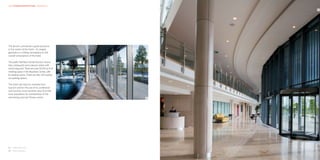 HKR : INTERIOR ARCHITECTURE – HOSPITALITY            HKR : INTERIOR ARCHITECTURE

                                                                                   02




The atrium commands a great presence
in the centre of the hotel – its angled
geometry is a fitting centrepiece to the
overall composition of the hotel.

The public facilities include function rooms,
bars, restaurants and a leisure centre with
swimming pool. There are over 8,500 sq ft of
meeting space in the Business Centre, with
8 meeting rooms. There are also 325 surface
car parking spaces.

The hotel will draw its clientele from
tourism and for the use of its conference
and function room facilities, plus from the
local population for membership of the
swimming pool and fitness centre.               01




01	 Hotel fitness area
02	 Atrium entrance
 