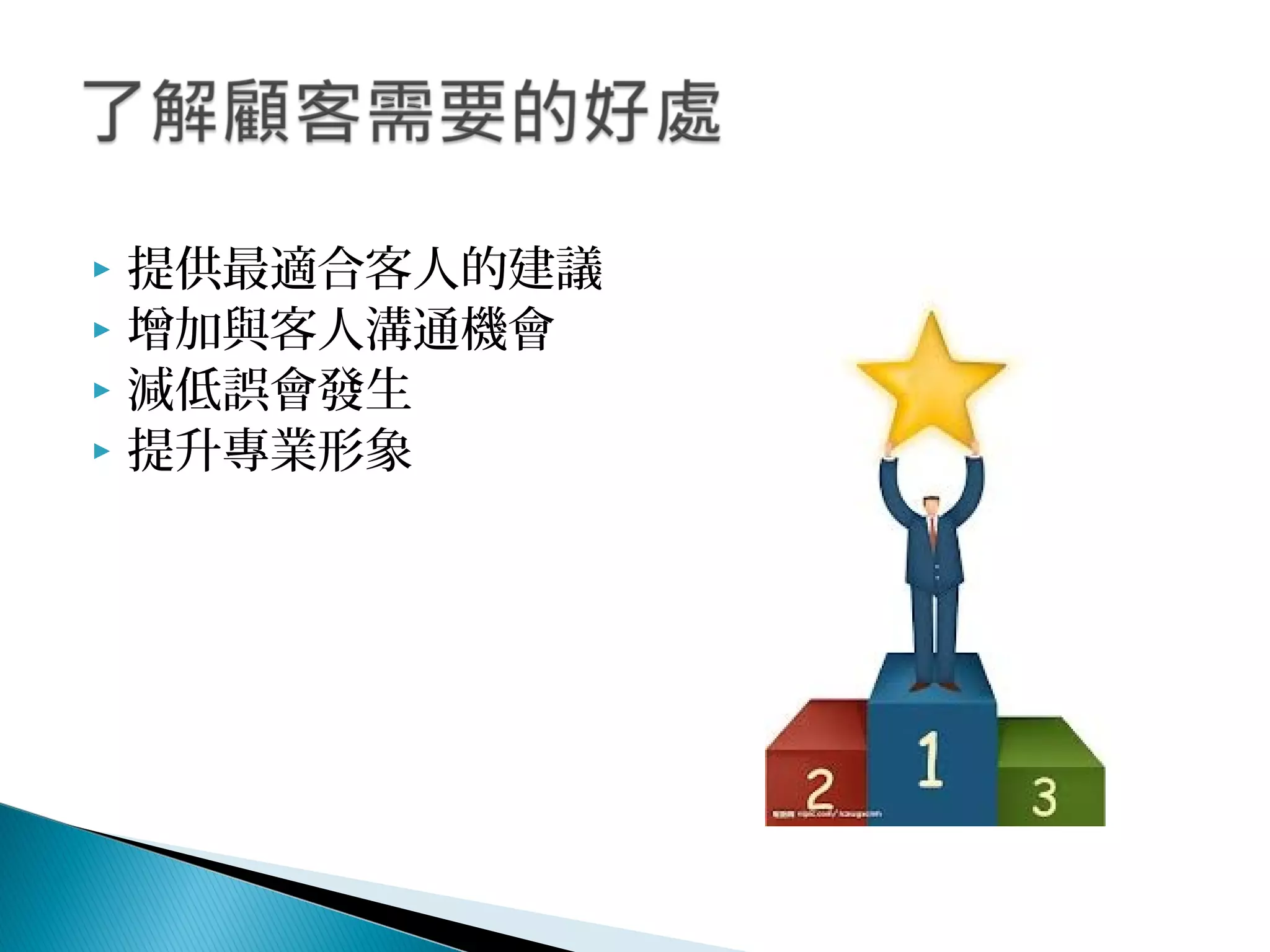  提供最適合客人的建議
 增加與客人溝通機會
 減低誤會發生
 提升專業形象
 