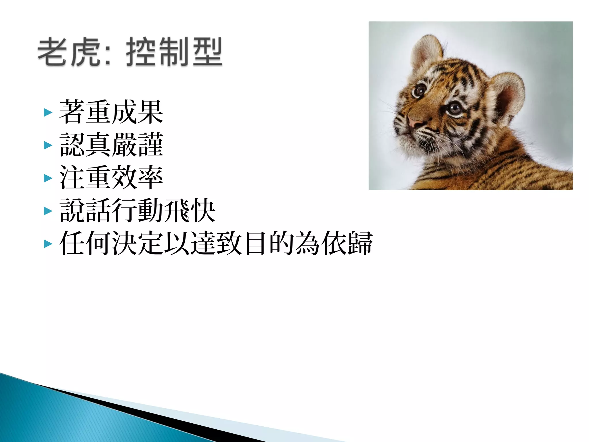  著重成果
 認真嚴謹
 注重效率
 說話行動飛快
 任何決定以達致目的為依歸
 