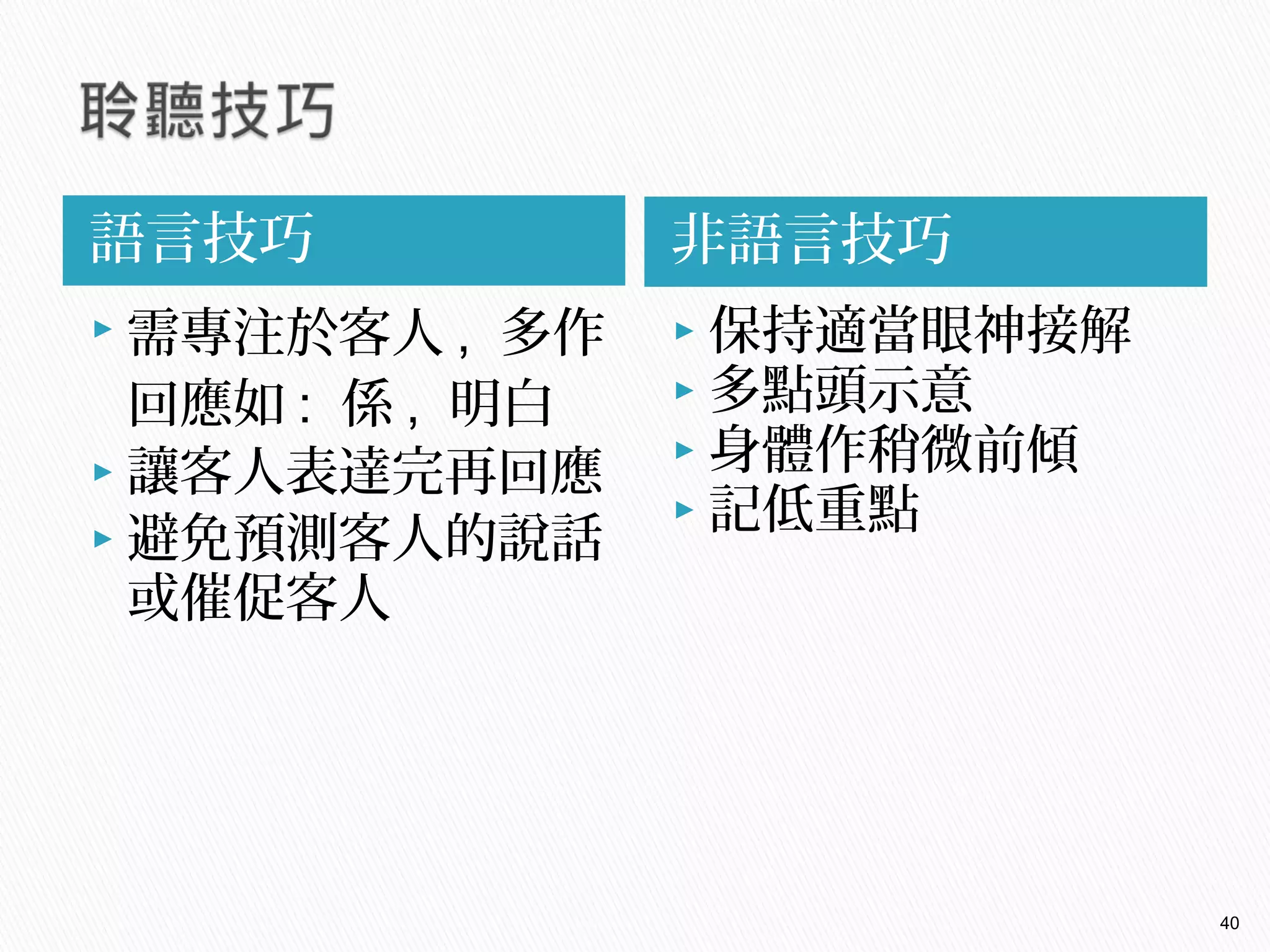 語言技巧 非語言技巧
 需專注於客人 , 多作
回應如 : 係 , 明白
 讓客人表達完再回應
 避免預測客人的說話
或催促客人
 保持適當眼神接解
 多點頭示意
 身體作稍微前傾
 記低重點
40
 