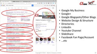 Copyright © 2017. Adams Company Limited. 20
• Google My Business
• Google+
• Google Blogspots/Other Blogs
• Website Design & Structure
• Directories
• LinkedIn
• Youtube Channel
• SlideShare
• Facebook Fan Page/Account
• …etc
 