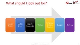 What should I look out for?
Search
Terms
Match
types
Negative
Keywords
Timing
Language
(mixed,
slang?...)
Budget Delivery
Copyright © 2017. Adams Company Limited. 46
 