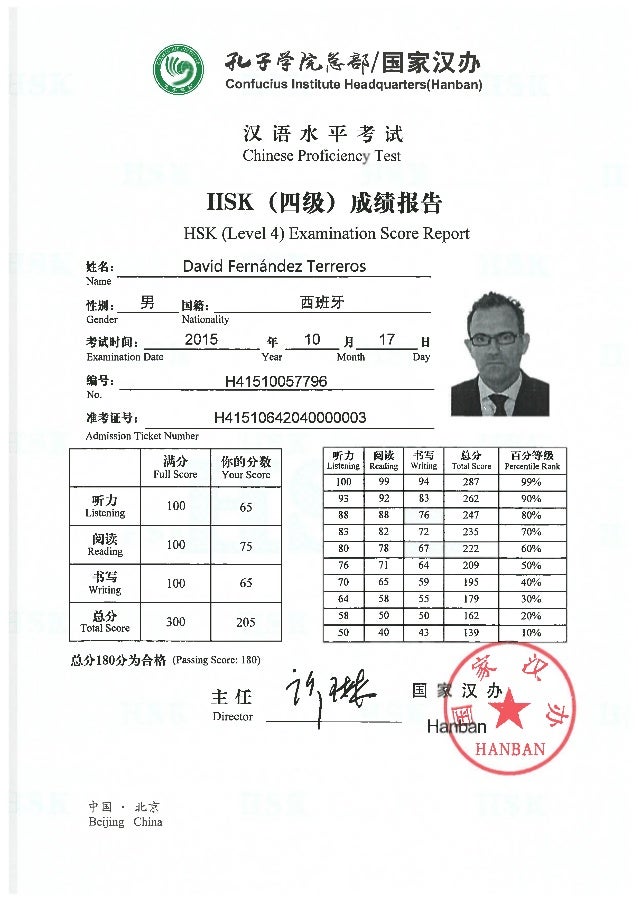 1 level oral test hsk Fernandez David  Terreros  Level Chinese 4 HSK