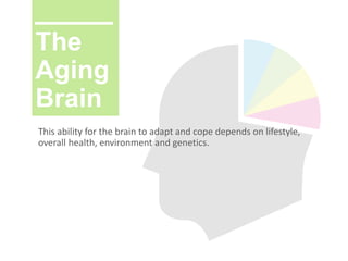 The
Aging
Brain
This ability for the brain to adapt and cope depends on lifestyle,
overall health, environment and genetics.
 