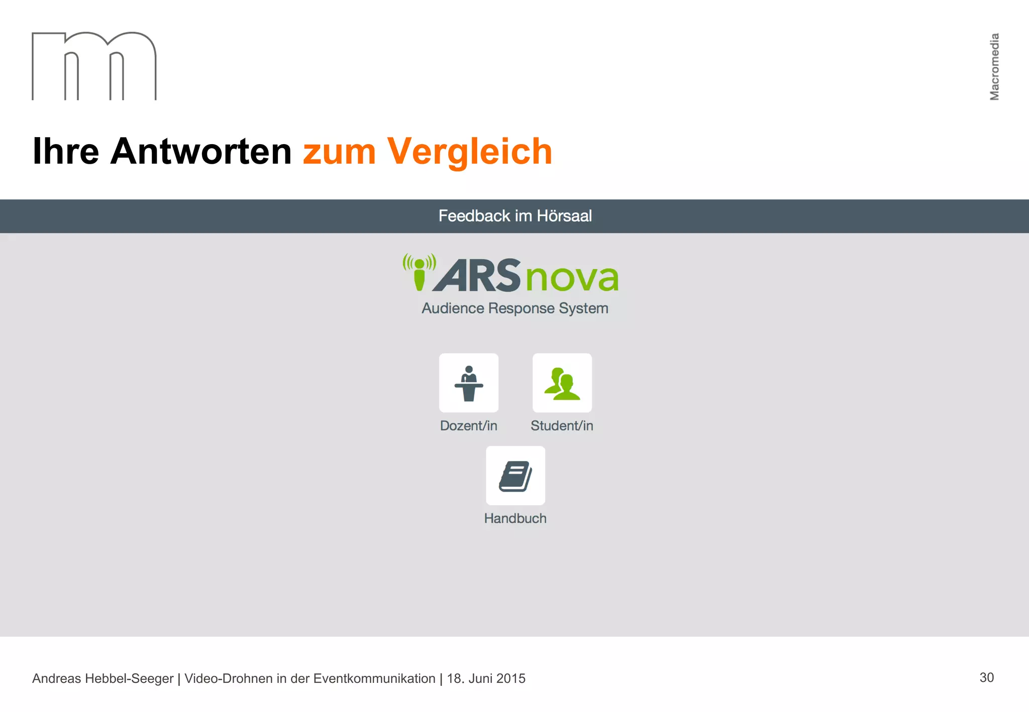 Andreas Hebbel-Seeger | Video-Drohnen in der Eventkommunikation | 18. Juni 2015 30
Ihre Antworten zum Vergleich
 