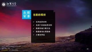 JIANGHAN UNIVERSITY
Simple, Efficient and Energy Conservation
简单，高效，节能
户口在线审批，让办公更轻松/更高效
02
选 题
背 景
当前的现状
 采用纸质材料
 各部门传递纸质材料
 数据存储方案欠佳
 数据查询处理困难
 办事效率低
 