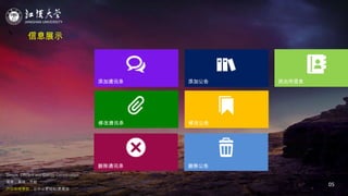JIANGHAN UNIVERSITY
Simple, Efficient and Energy Conservation
简单，高效，节能
户口在线审批，让办公更轻松/更高效
05
信息展示
添加通讯录
修改通讯录
删除通讯录
添加公告
修改公告
删除公告
派出所信息
 