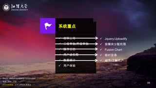 JIANGHAN UNIVERSITY
Simple, Efficient and Energy Conservation
简单，高效，节能
户口在线审批，让办公更轻松/更高效
08
系统重点
 材料上传
 三级审批/两级审批
 操作日志
 用户组权限
 数据统计
 用户体验
 Jquery.Uploadify
 按模块分配权限
 Fusion Chart
 临时目录
 细节/了解用户
 
