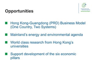 Opportunities
Hong Kong-Guangdong (PRD) Business Model
(One Country, Two Systems)
Mainland’s energy and environmental agenda
World class research from Hong Kong’s
universities
Support development of the six economic
pillars
 