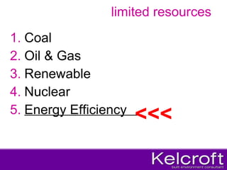 limited resources Coal Oil & Gas Renewable Nuclear Energy Efficiency  <<< 