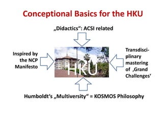 Conceptional Basics for the HKU
               „Didactics“: ACSI related


                                           Transdisci-
Inspired by                                plinary
   the NCP                                 mastering
 Manifesto
                    HKU                    of ‚Grand
                                           Challenges‘


    Humboldt‘s „Multiversity“ = KOSMOS Philosophy
 