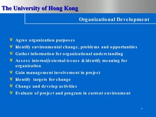 Organizational Development Agree organization purposes Identify environmental change, problems and opportunities Gather information for organizational understanding Assess internal/external issues & identify meaning for organization Gain management involvement in project Identify  targets for change Change and develop activities Evaluate of project and program in current environment  