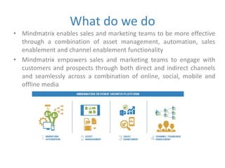 What do we do 
• Mindmatrix enables sales and marketing teams to be more effective 
through a combination of asset management, automation, sales 
enablement and channel enablement functionality 
• Mindmatrix empowers sales and marketing teams to engage with 
customers and prospects through both direct and indirect channels 
and seamlessly across a combination of online, social, mobile and 
offline media 
 