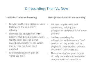 On-boarding: Then Vs. Now 
Traditional sales on-boarding 
• Focuses on the salesperson , sales 
tactics and the company’s 
offering 
• Provides the salesperson with 
documented best practices , sales 
scripts, sales process, demo 
recordings, checklists, etc. which 
may or may not have been 
updated 
• Salesperson is given a lot of 
‘ramp-up’ time 
Next-generation sales on-boarding 
• Focuses on prospects and 
customers , helping the 
salesperson understand the buyer 
persona 
• Involves providing the 
salesperson with latest and ‘live’ 
versions of key assets such as 
playbooks, case-studies, process 
documents, checklists etc. 
• The concept of ramp-up time is 
virtually non-existent due to the 
new, compressed sales cycle 
 